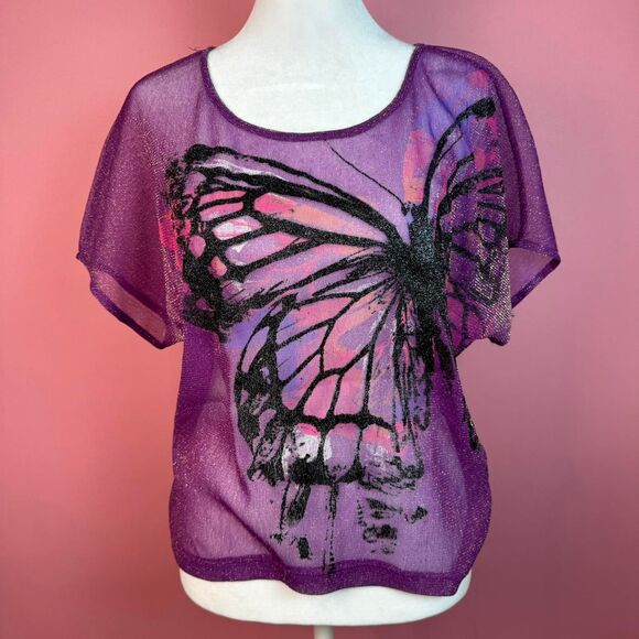 Y2K Bongo purple sheer mesh sparkle top with butterfly graphic🎀 - Picture 2 of 7